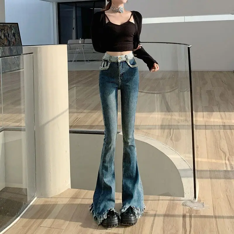 High Waist Vintage Slim Bootcut Jeans Women's Clothing Distressed Fringe Hem Denim Pants Y2K Hotsweet Casual Stylish Trousers