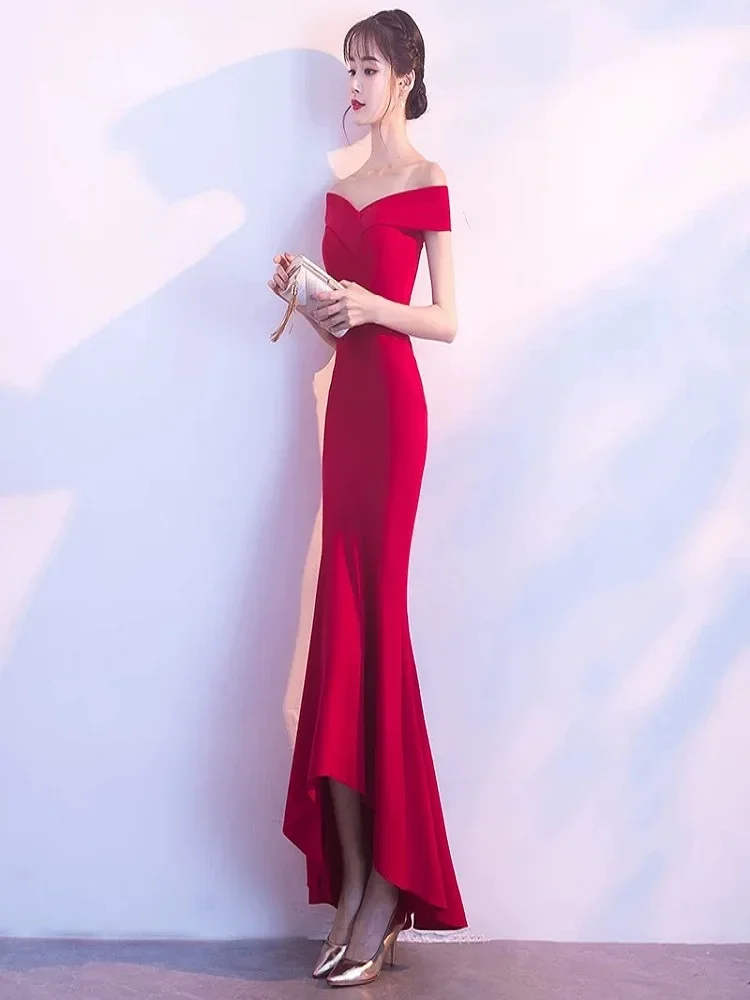 Hot selling No. 4 evening dress 2024 new summer wedding red fishtail temperament long slim dress for women