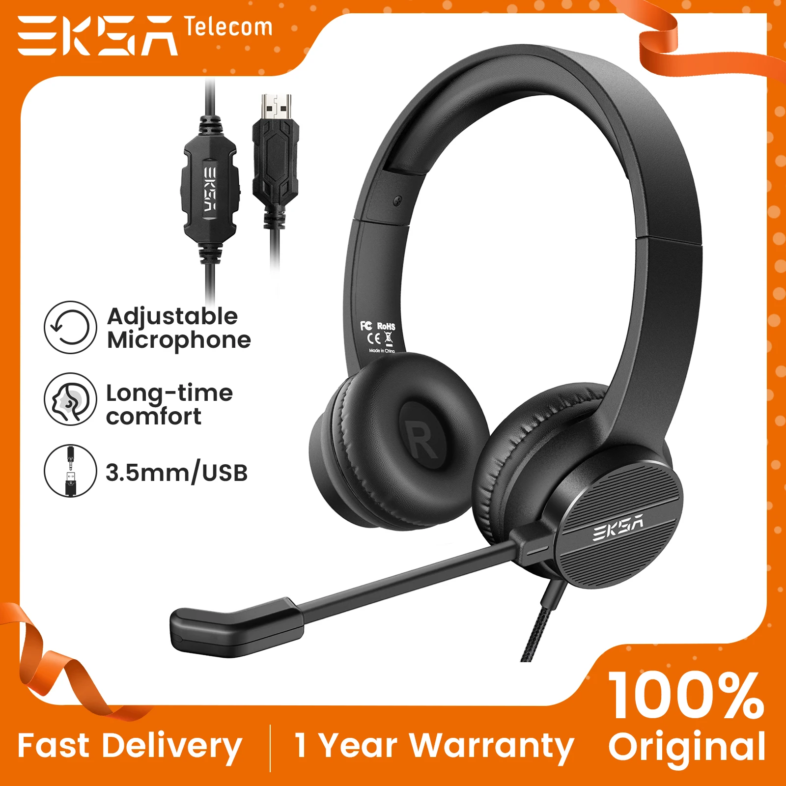 EKSA H12/H12E Wired Headset 3.5mm/USB On-Ear Computer Headphones with Rotatable Microphone Noise Cancelling for Call Center