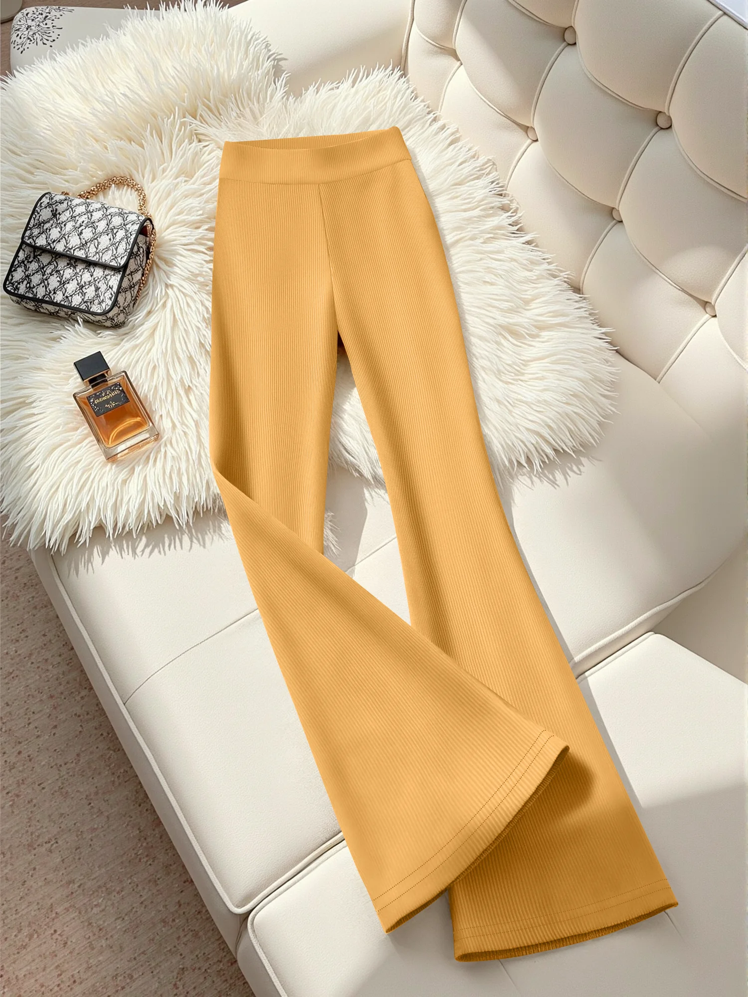 Pantalones acampanados de punto acanalado estilo Y2K para mujer, pantalones elásticos sin costuras de cintura alta, pantalones de punto acanalado suaves para looks de calle y de oficina.