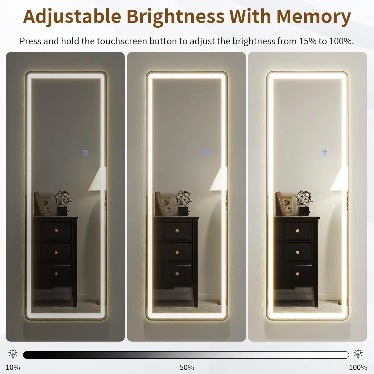 LED Door Mirror Full Length, 16x48 Rounded Coner Full Body Mirror with Lights, Free Standing Lighted Floor Mirror with Touch Con