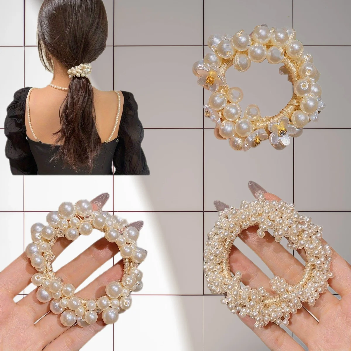 

Pearl & Bead Embellished Scrunchies Non-Slip Elastic Hair Rings for Women Girls Luxury Ponytail Holders