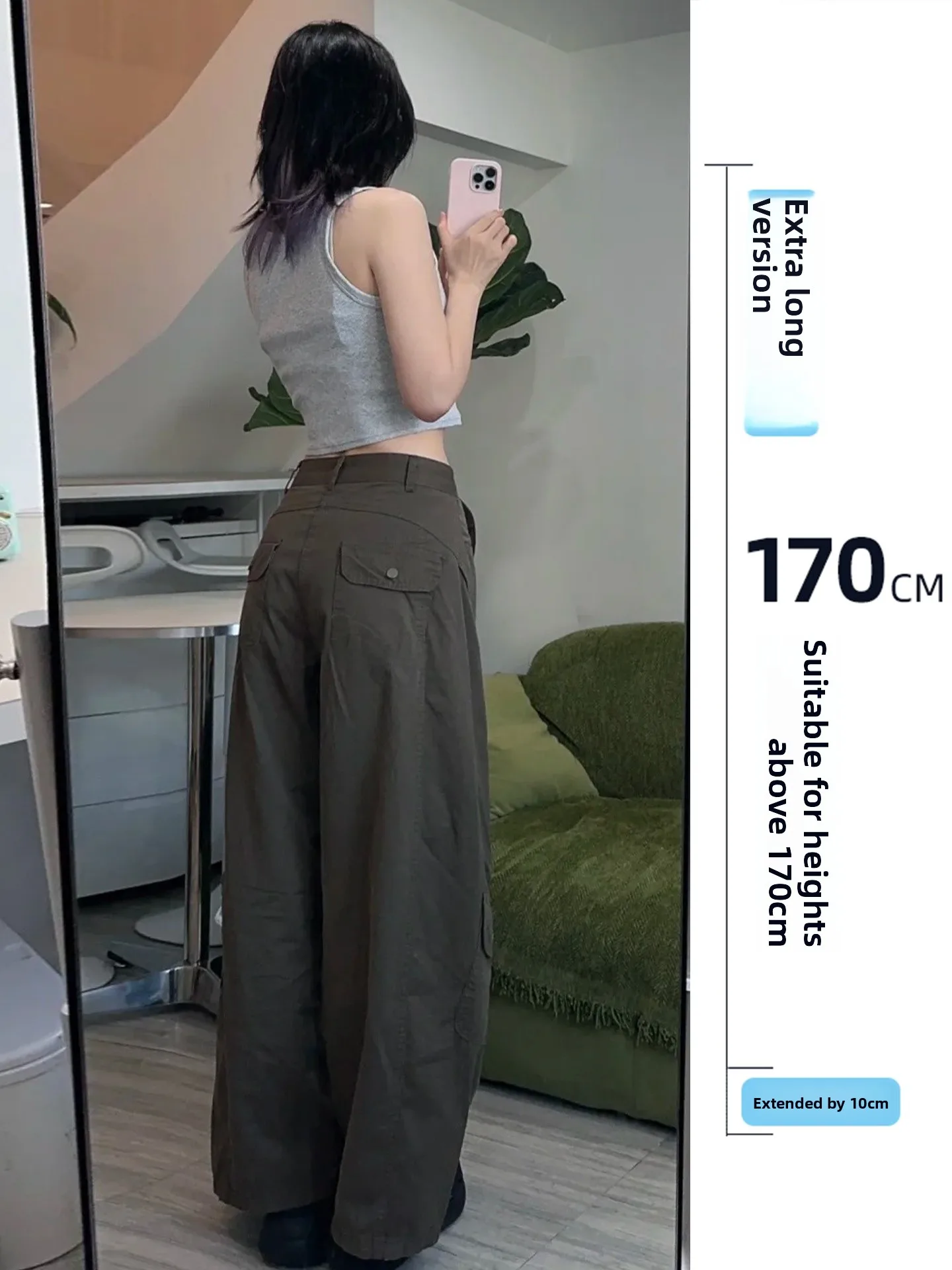 

Extended Length High Waist American Sle Sportswear Trousers for Women with Multiple kets Autumn Military een Loose Fit