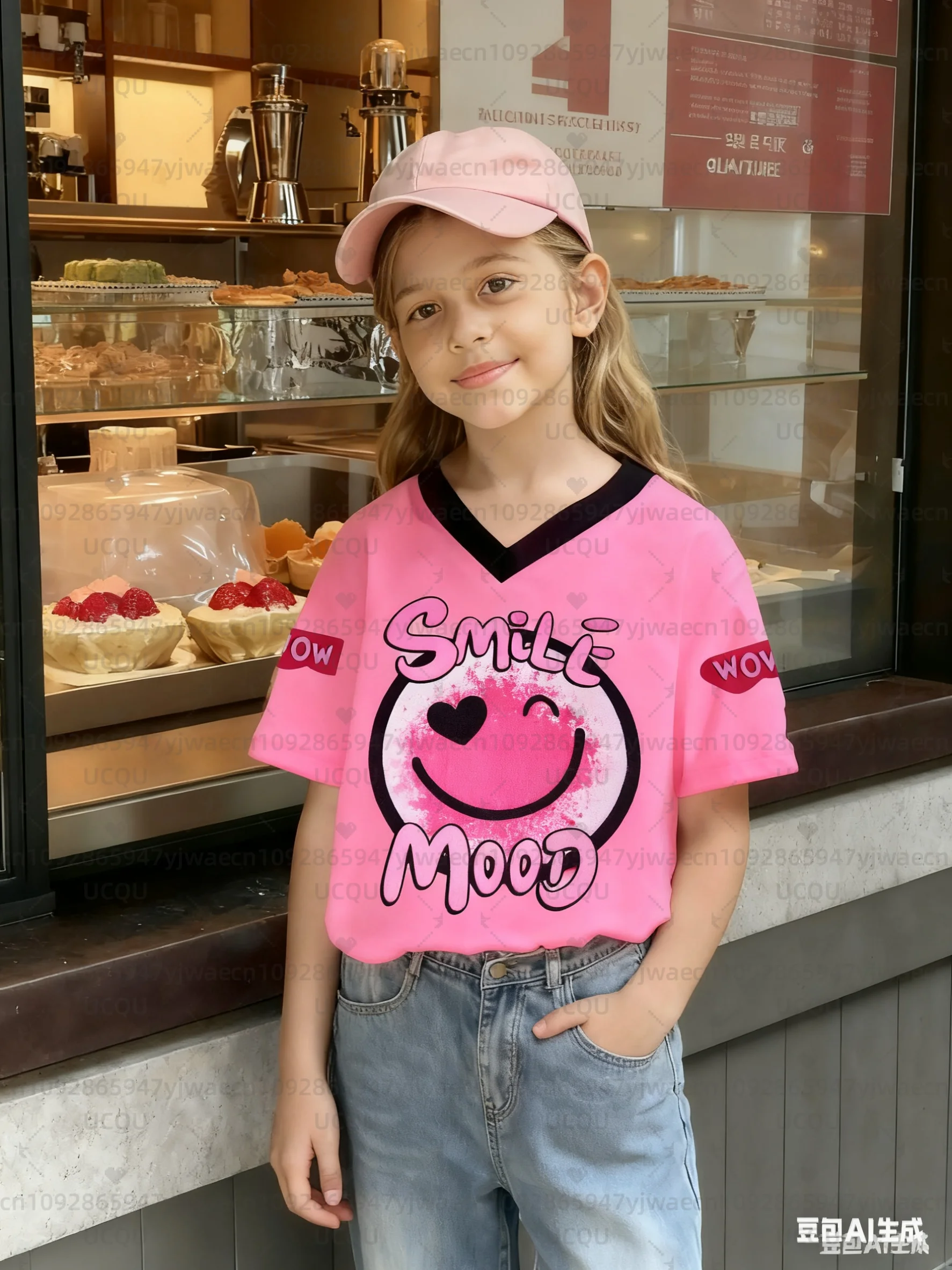 

Summer Women's Children Men's Girls Casual Sports Style Smile Print Short Sleeve V-Neck Boy's T-shirt Tops