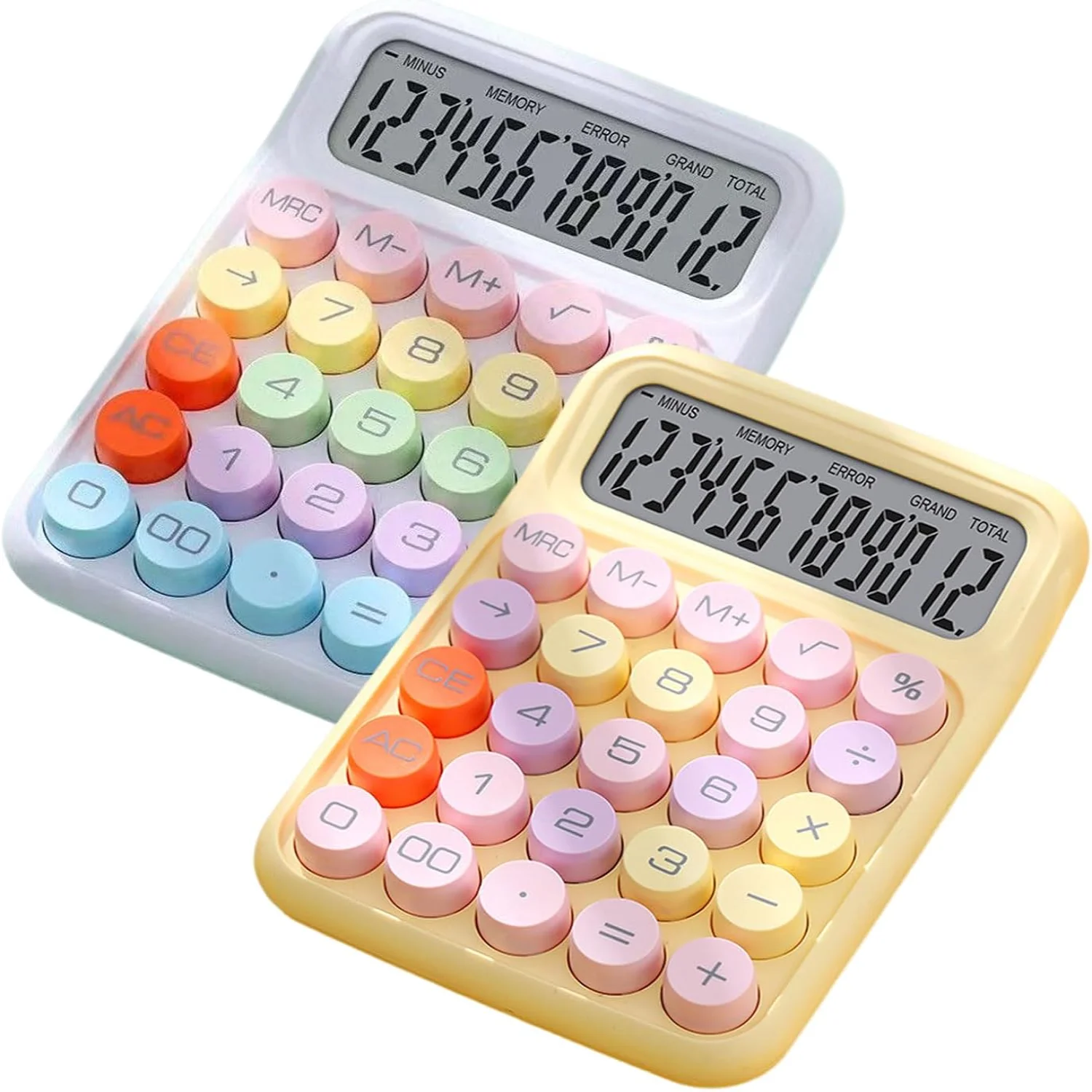 2Pcs Desktop Calculator, Cute Electronic Calculator 12 Digit Large LCD Display, Typewriter- Big Round Buttons Mechanical Key Cal