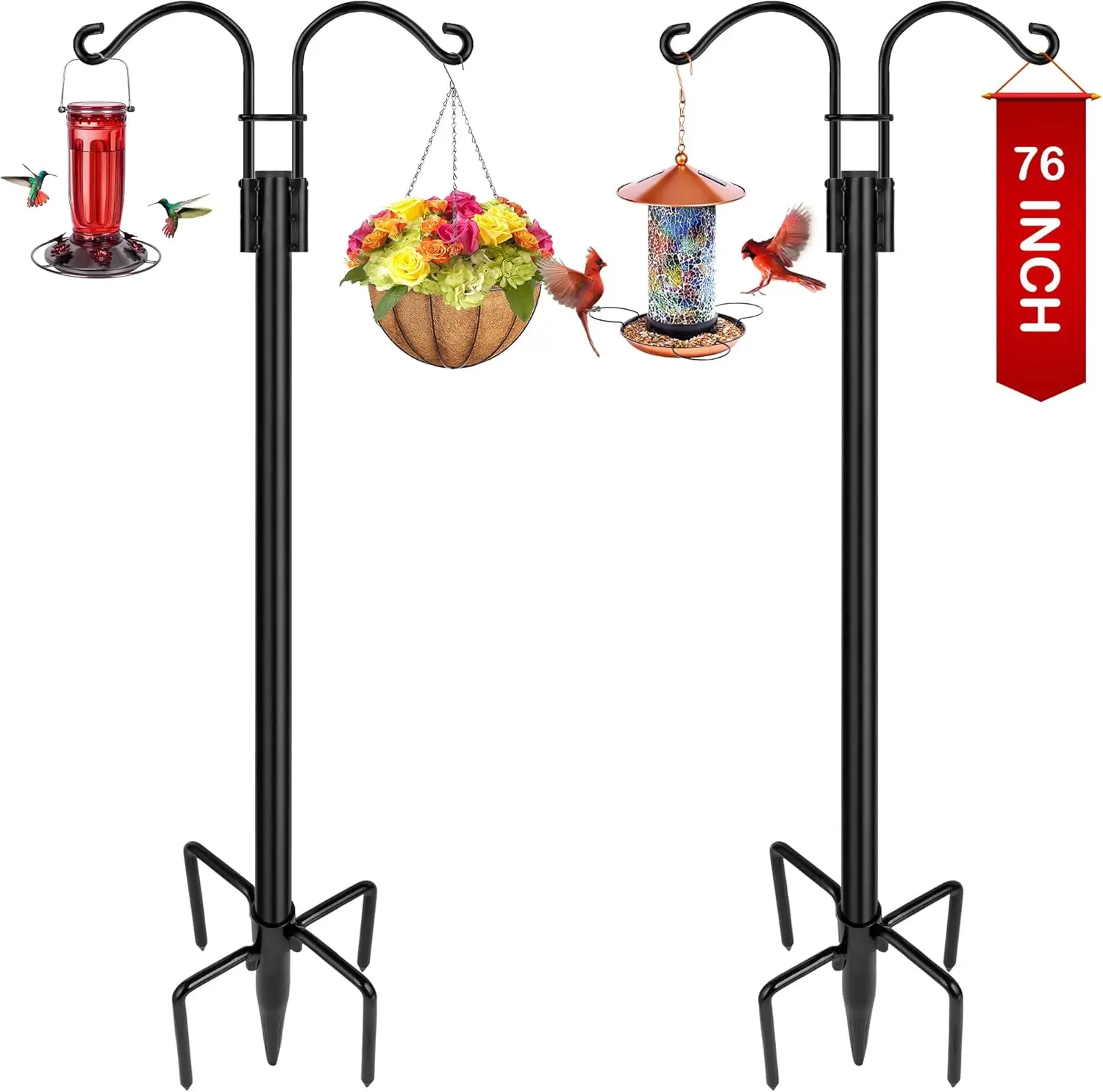 

2-Pk Heavy-Duty Double Shepherd Hooks, 5-Prong Base, Ideal for Bird Feeders, Plant Baskets, Solar Lights.