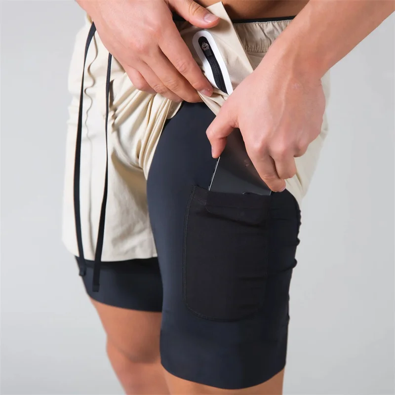 

Лето 2022, мужские быстросохнущие однотонные двухуровневые шорты с несколькими карманами, удобные дышащие спортивные шорты для бега на открытом воздухе для фитнеса