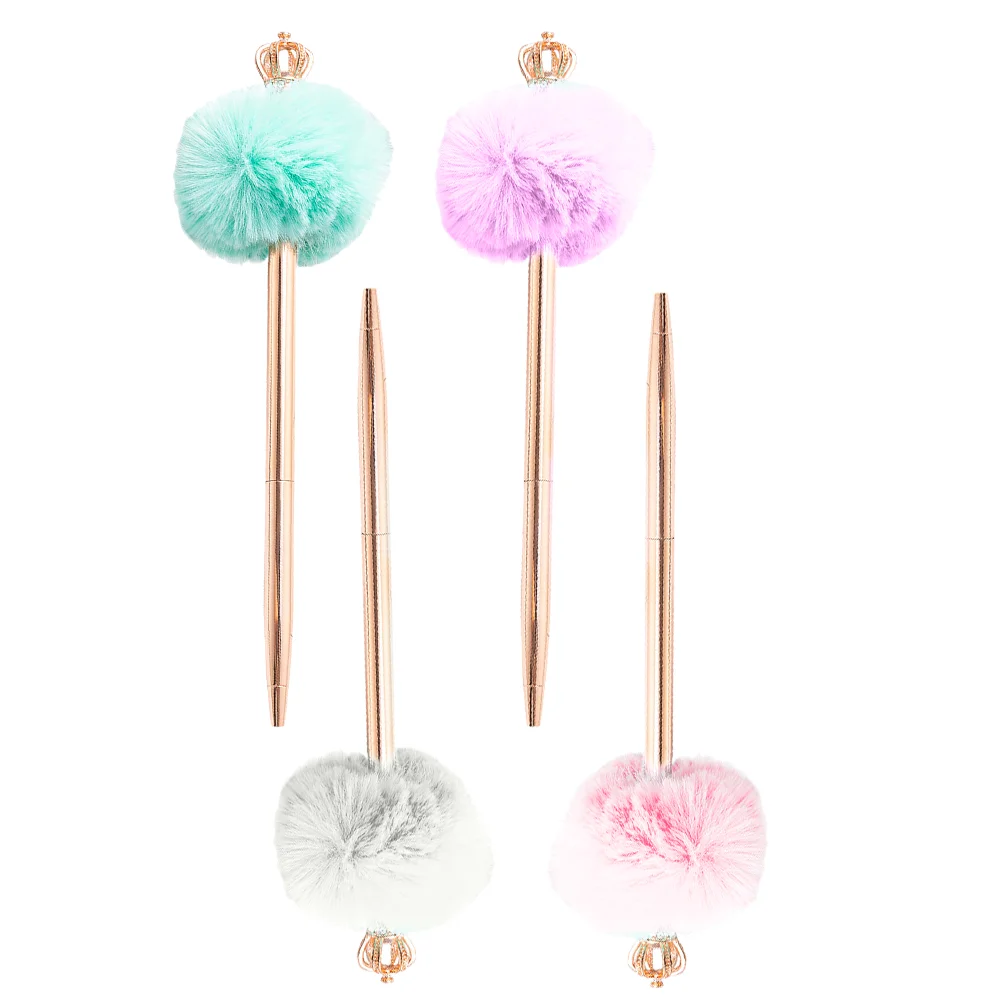 4 Pcs Crown Hair Ball Pen Ballpoint Pompom Office Study Adorable Pens Alloy Decor Child Student Stationery