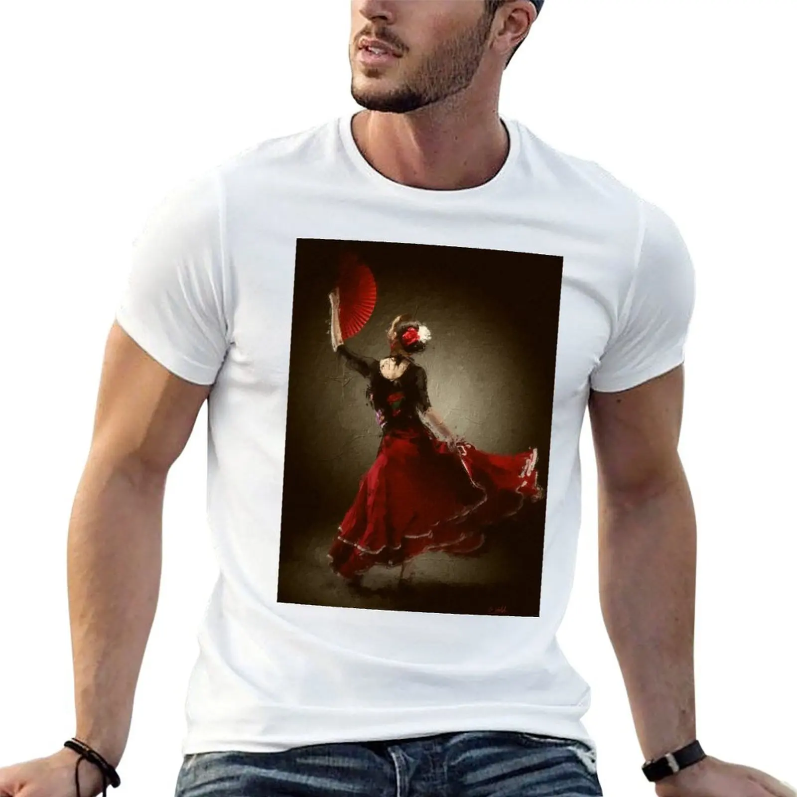 

The red fan - Spanish girl, Mexican girl with red fan T-Shirt mens graphic t shirts t shirt man cotton T-Shirt
