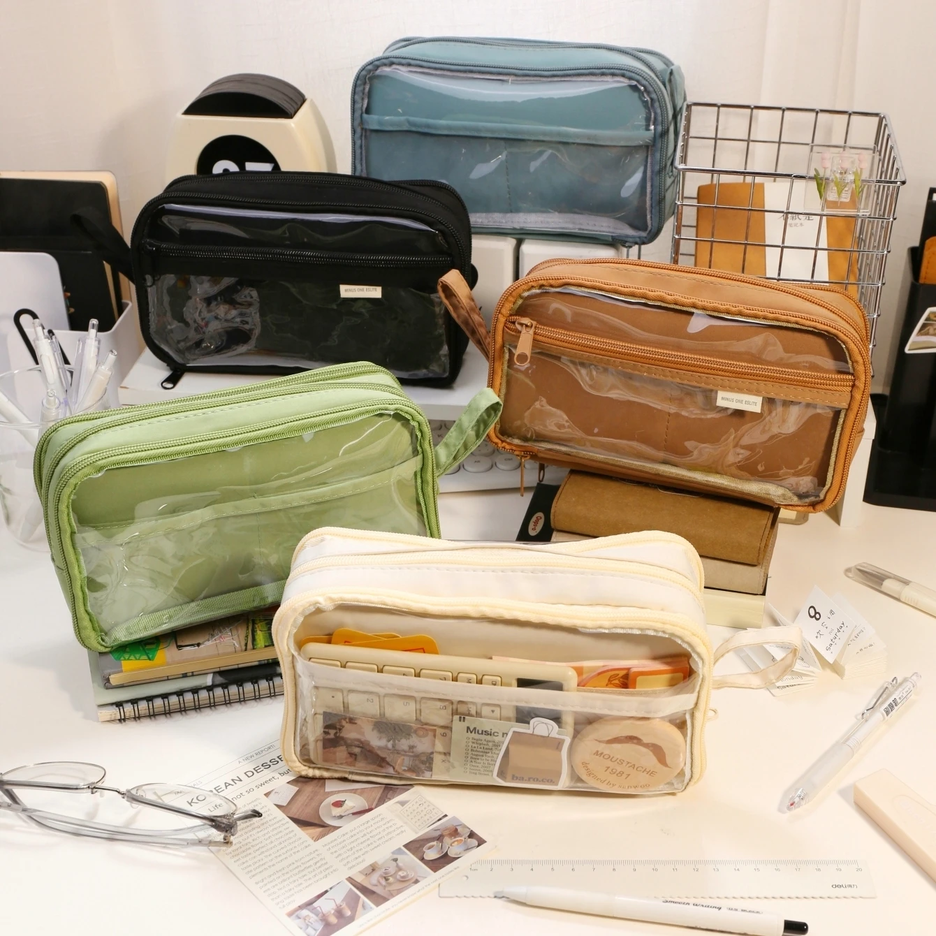 Dual-side Transparent Pencil Bag Pen Case Pure Color & Capybara Multi Pocket Hand-held Storage Pouch for Stationery F7661