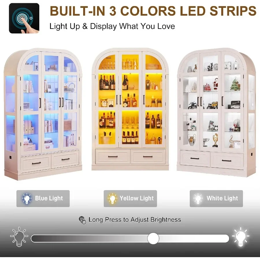 74" Arched Display Cabinet with Glass Doors and Drawers, Motion Sensor 3-Color Lights, Glass Curio Cabinet, 5-Tier Showcase for view 5