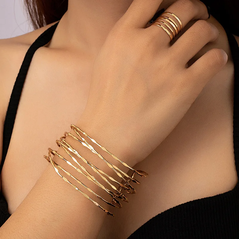 Gold color Exaggerated Metallic texture line Bracelet Vintage multi-layer wrap New hand Bracelet Ring Set Open Bracelet