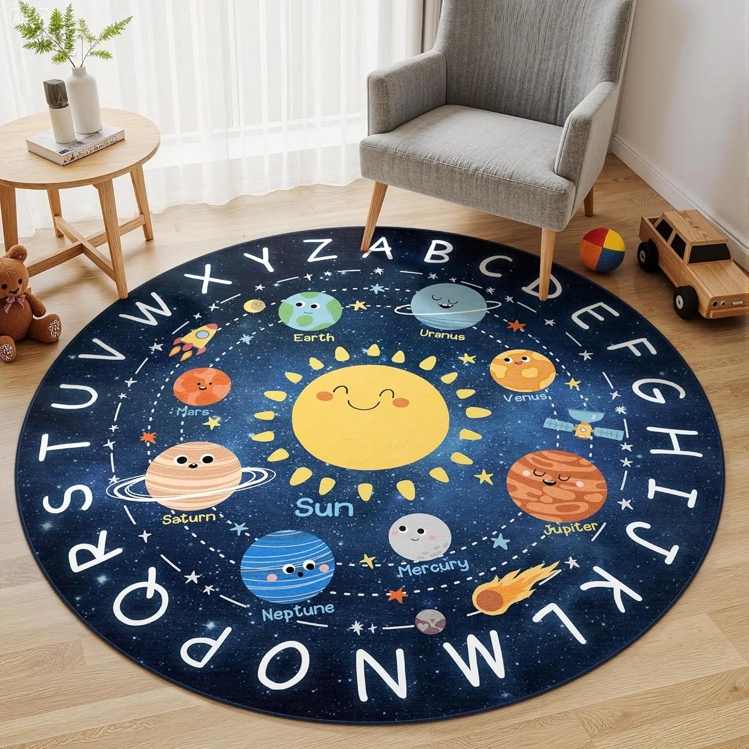 

Cute Solar System Round Rug Alphabet Border Planets Sun for Kids Learning Playroom