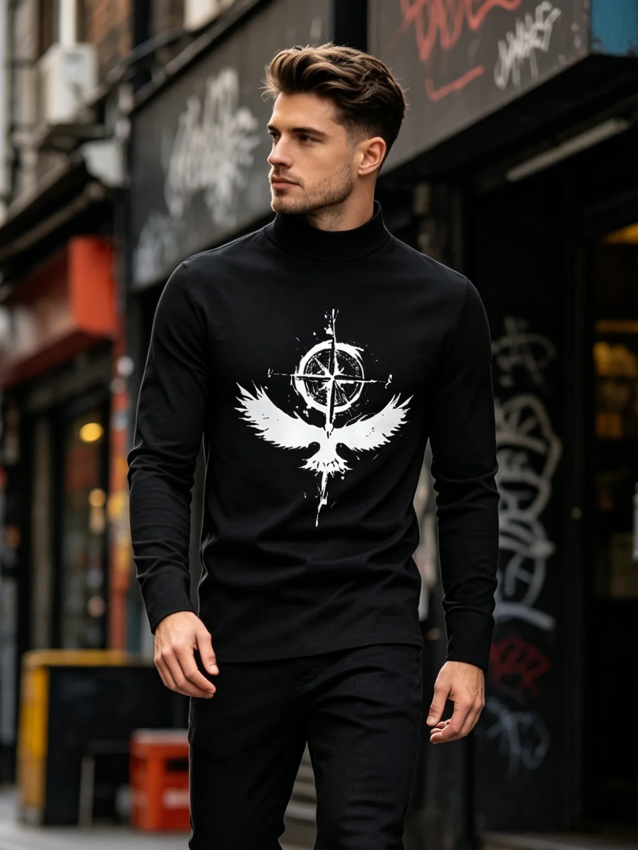 Men's autumn and winter angel wings cross clock casual comfortable long-sleeve crew neck T-shirt, suitable for casual outings, h