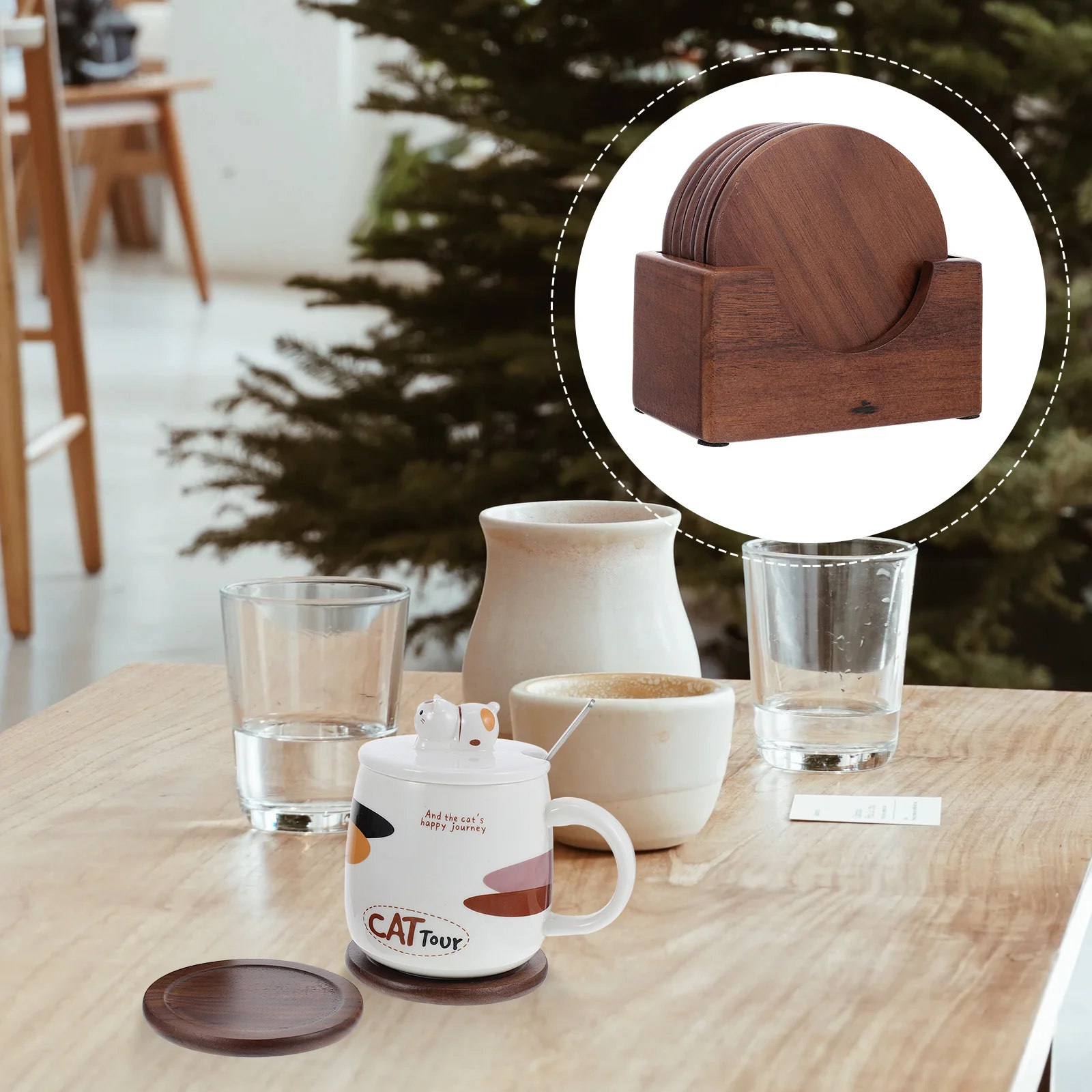 

1 set Wooden Cup Coaster Set Round Insulation Pad For Home Bar Coffee Tea Drink Protection Non-Slip Heat-Resistant Table Mat