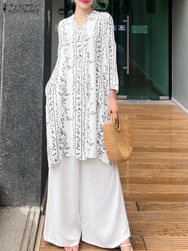 

2025 модные осенние спортивные костюмы ZANZEA, женские комплекты из 2 предметов, топы с длинными рукавами и принтом, брюки, повседневные длинные рубашки, брючные костюмы