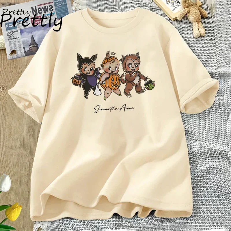 Kewpie Halloween Trick or Treating T-shirts for Women Fall Retro Pumpkin Bat T Shirt Autumn Fashion Woman Clothes Streetwear