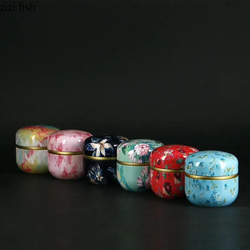 Tea Caddy Tinplate Household Sealed Packaging Box Portable Japanese Style Flower Round Small Tin Containers