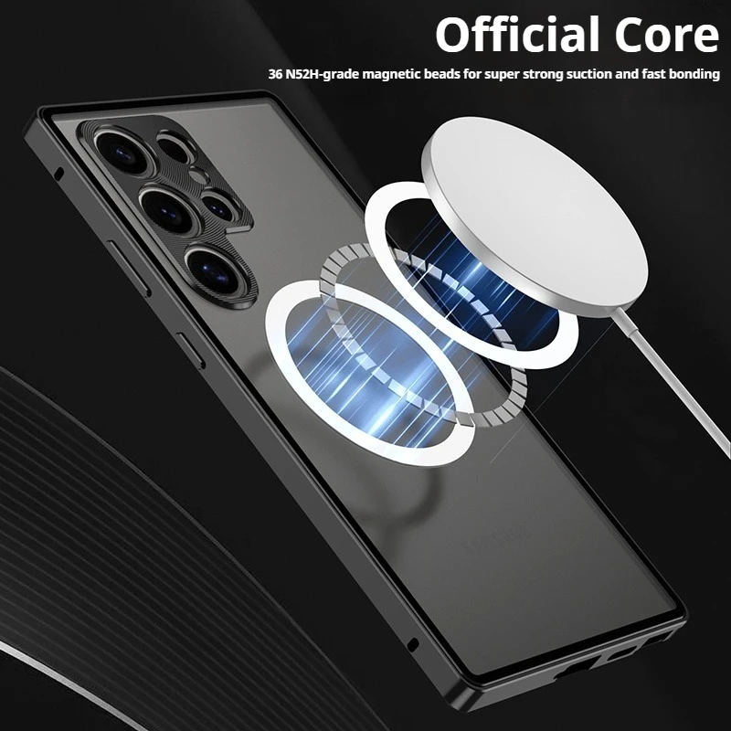 Split Metal Frame Matte Clear Backboard Phone Case For Samsung Galaxy S25 S24 S23 Ultra Plus Magnetic Ring Frosted Bumper Cover