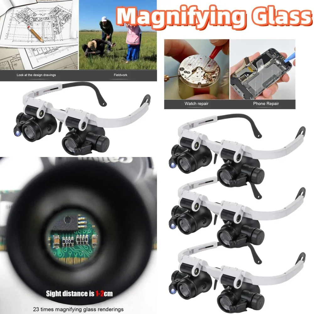 8X 15X 23X 2XLED Watch Jeweler Repair Magnifier Head-Mounted Headband Adjustable Magnifying Head Eye Glasses Loupe Lens