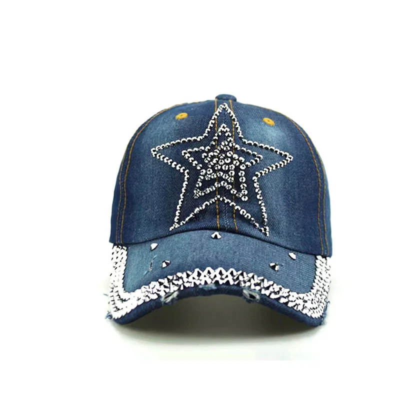 New baseball cap with five-pointed star and rhinestones, denim hat for women, trendy sun protection cap, fashionable casual cap