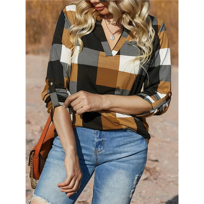 ABP-Camisetas de trabajo de manga larga con puños y estampado a cuadros con cuello en V informal básico para mujer