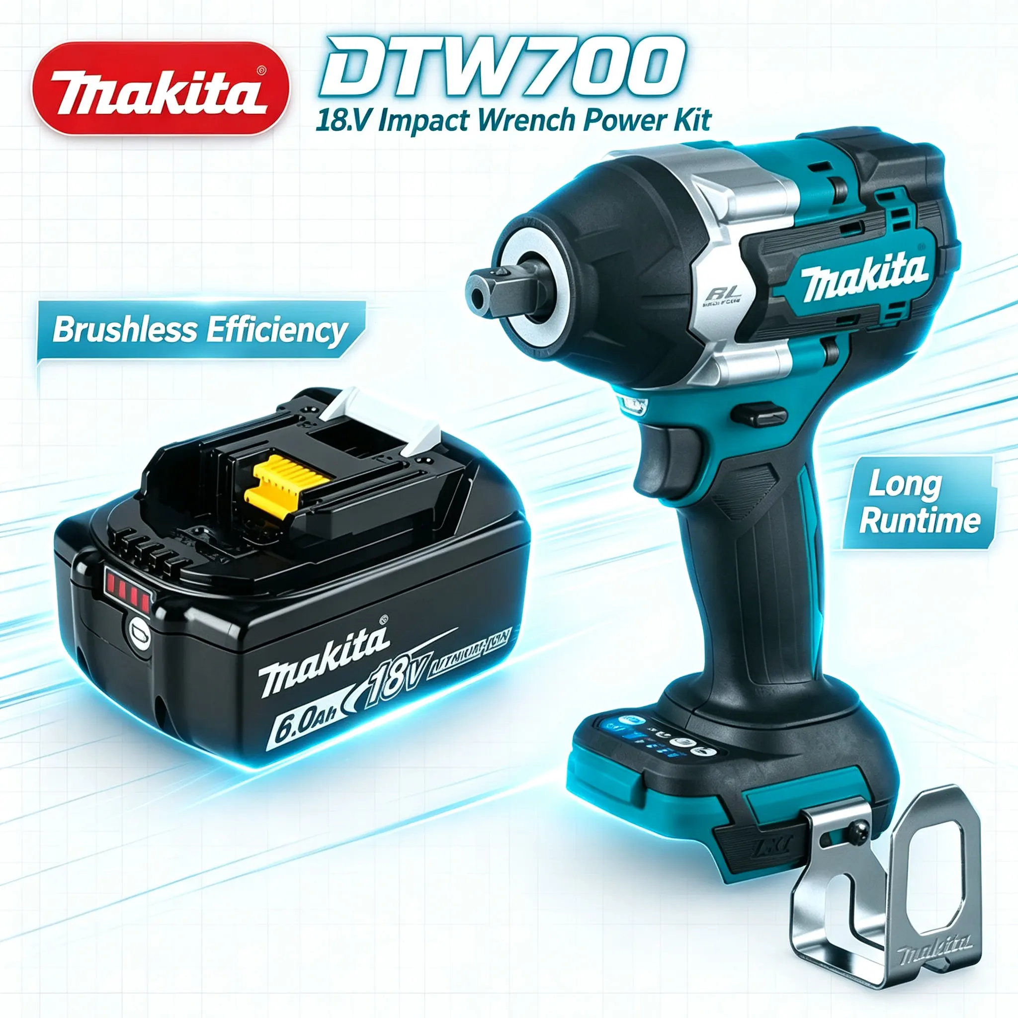 Makita DTW700, avvitatore a impulsi elettrico senza spazzole da 18 V, coppia elevata di 1000 Nm, velocità variabile, arresto automatico, avvitatore a batteria, alimentato da batteria al litio.