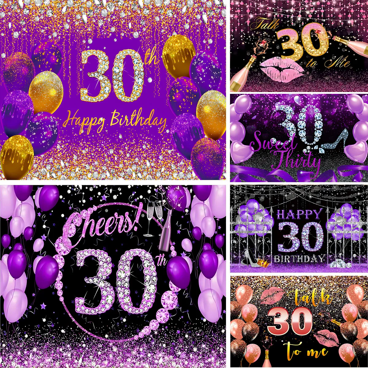 Happy 30th Birthday Party Decor Backdrop Banner 30 Years Old Purple Gold Diamomd Photography Background for Women Thirty Bday