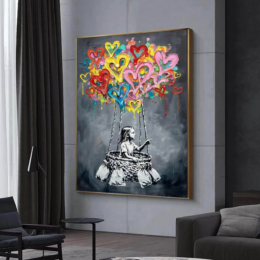 Banksy Balloon Canvas Wall Art, Colorful Heart Graffiti Art, Urban Street Style Canvas Prints,  for Living Room Home Decoration