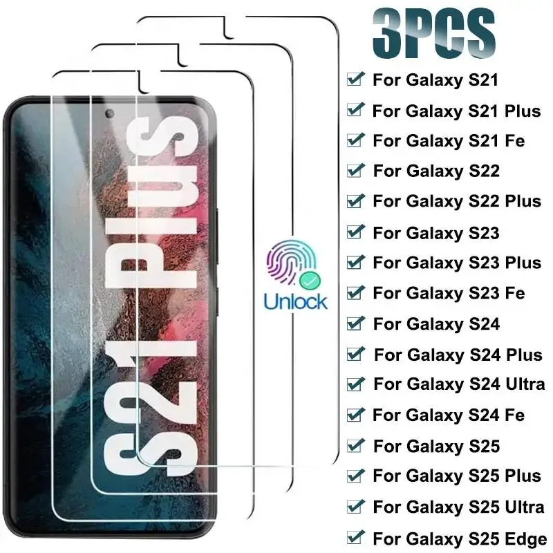 

Защитная пленка из закаленного стекла для Samsung Galaxy S24 S25 Ultra S23 S22 FE, 3 шт., полное покрытие, для Samsung S21 Plus