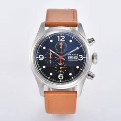 New Fashion Parnis 42mm Silver Case Quartz Chronograph Men Watch Brown Leather Strap Week Display Calendar Watches 2024 Clock