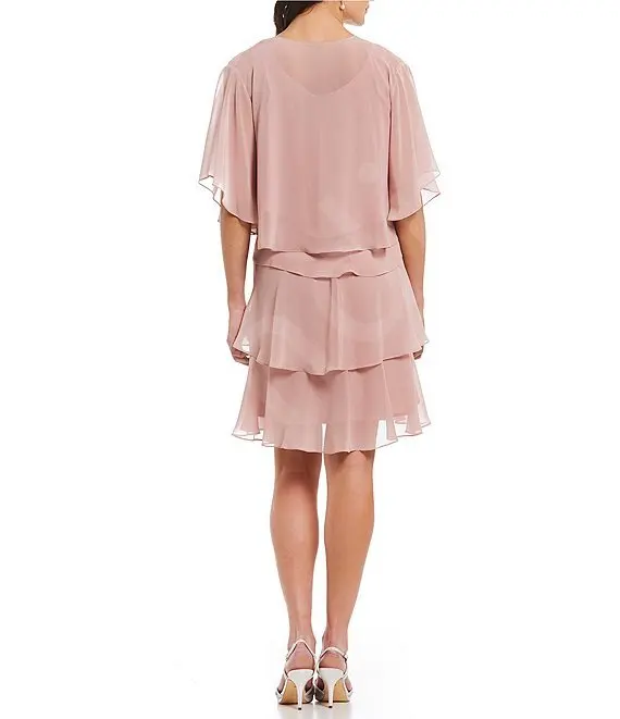 Customized Blush Pink Layered Chiffon Mother of the Bride Dresses Knee Length Bat Sleeves Embellished Neckline Special Occasions