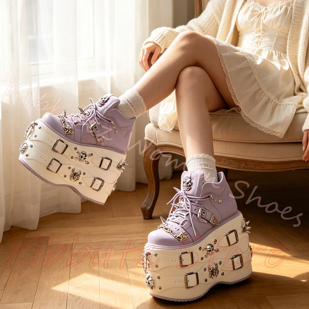Multi Layer Platform Sneakers Women Skull Chain Buckle Straps Spiked Lace Up Gothic Punk Leather Mixed Color Statement Shoes New view 4