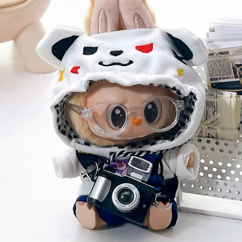 Macacão labubu pendurado de 15cm/17cm com padrão de urso, sapatos para câmera, roupas adoráveis para bebês, acessórios para festa sentada