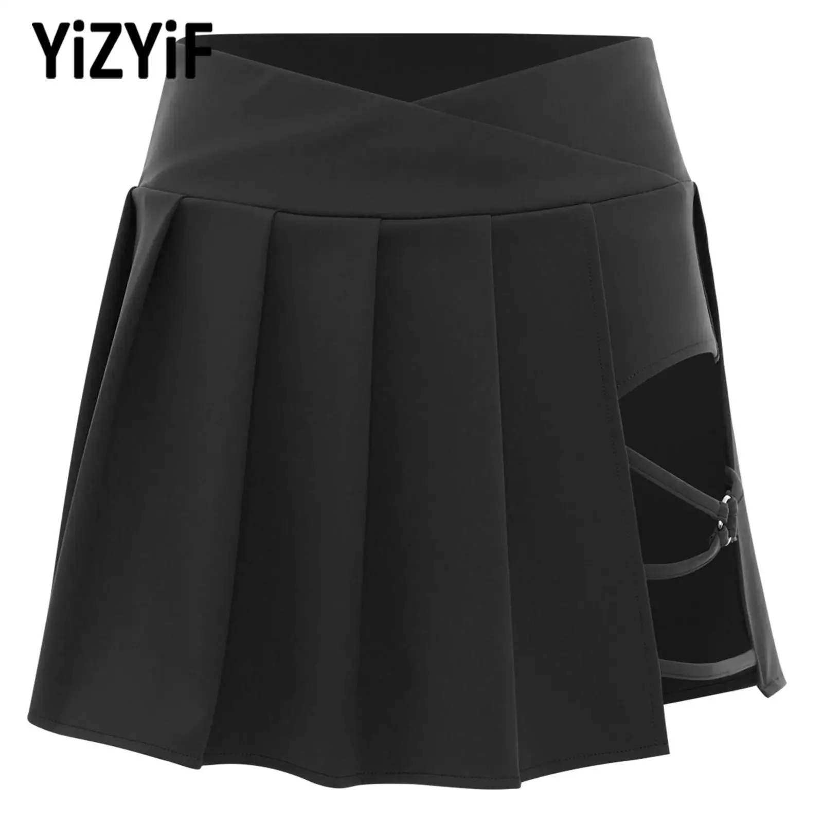 

Womens Fitness Skirts Yoga Golf Workout Clothes Side Split Strappy Pleated Tennis Skirt Cross V-Front Waistband Briefs Miniskirt