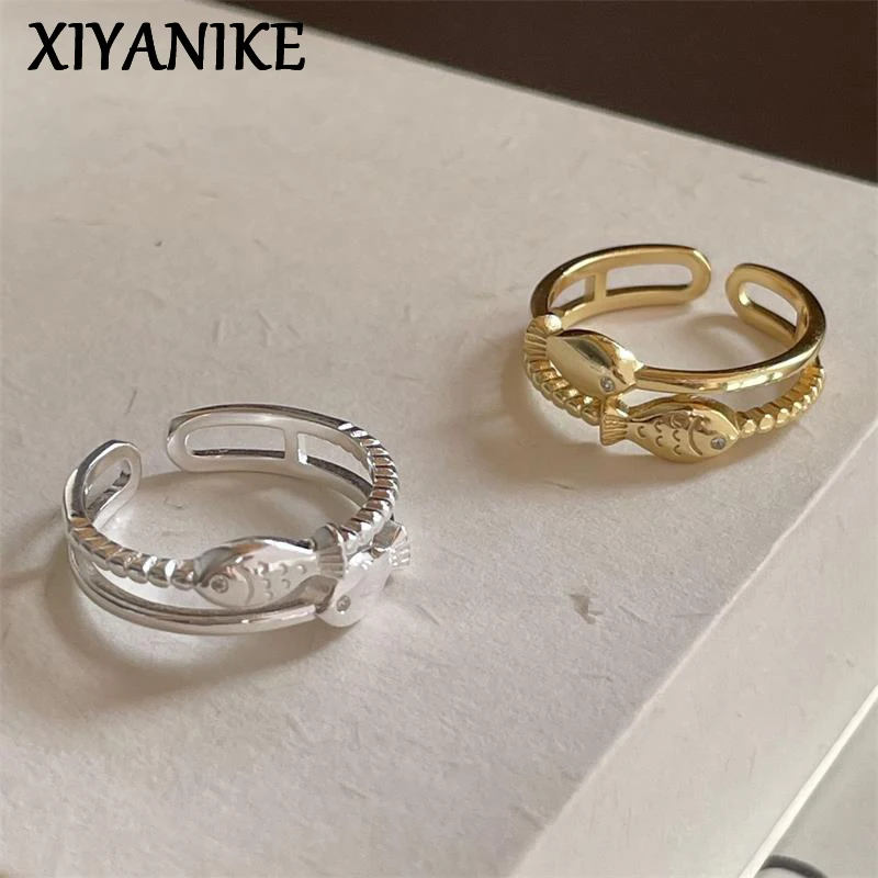 

XIYANIKE Double Layer Weave Texture Fish Open Rings For Women Fashion New Year Jewelry Valentine Day Gift Party anillos mujer