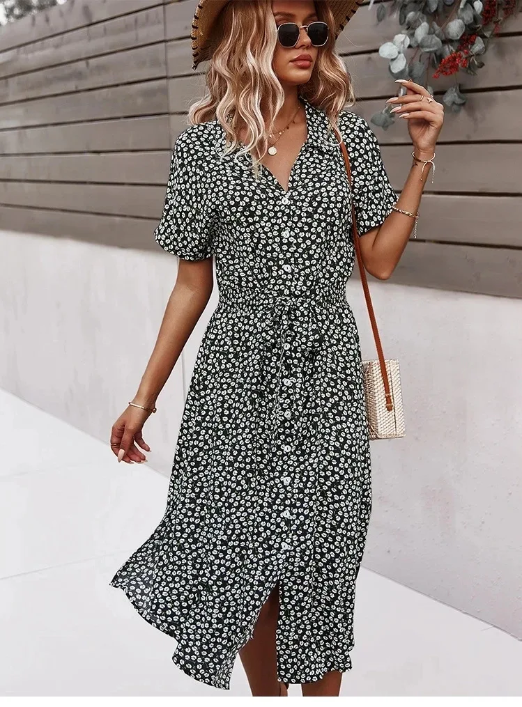 Abito da donna con stampa floreale Abito casual a maniche corte con bottoni Abiti longuette da vacanza con scollo a V femminile Abito Boho Chic da spiaggia Abito elegante ZPFQ