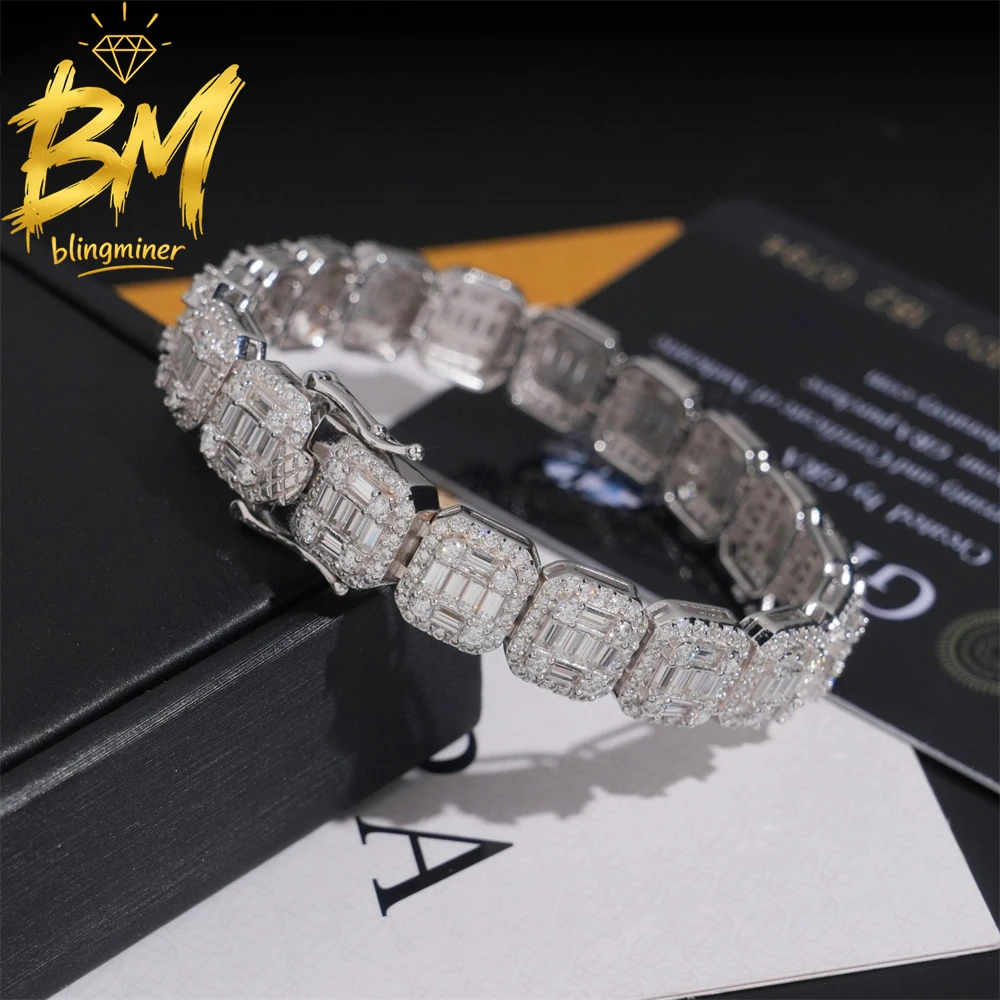 Blingminer 10mm VVS Baguettes Moissanite Tennis Chain Bracelet Iced Out Hand Chain For Men Women S925 Jewelry Pass Diamonds GRA