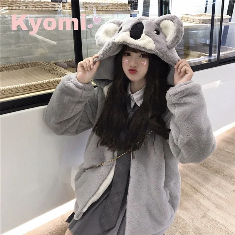 Autumn Winter Zipper Coat Sweet Hooded Kawaii Harajuku Loose Pocket Hoodies Womens Fleece Flannel Sweet Koala Coats 2023 Female
