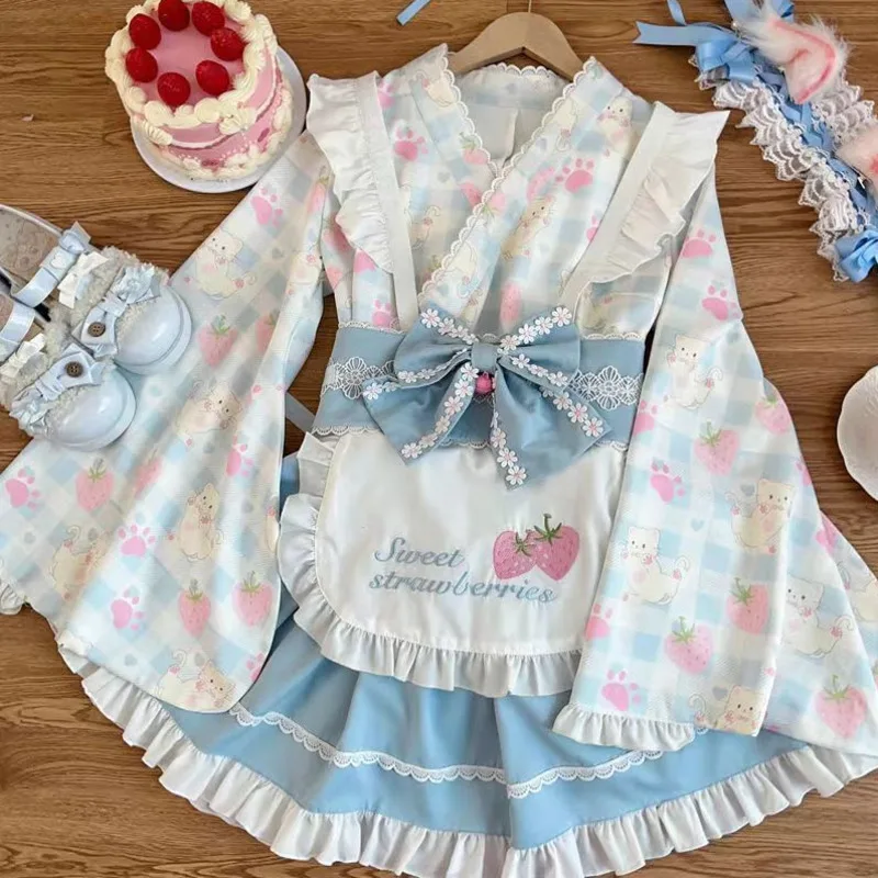 

Bow Strawberry Dresses Harajuku Y2K Cute Meow Lolita Flower Dress Korean JK Cosplay Kawaii And Wind Girl Puppy Improved Dresses