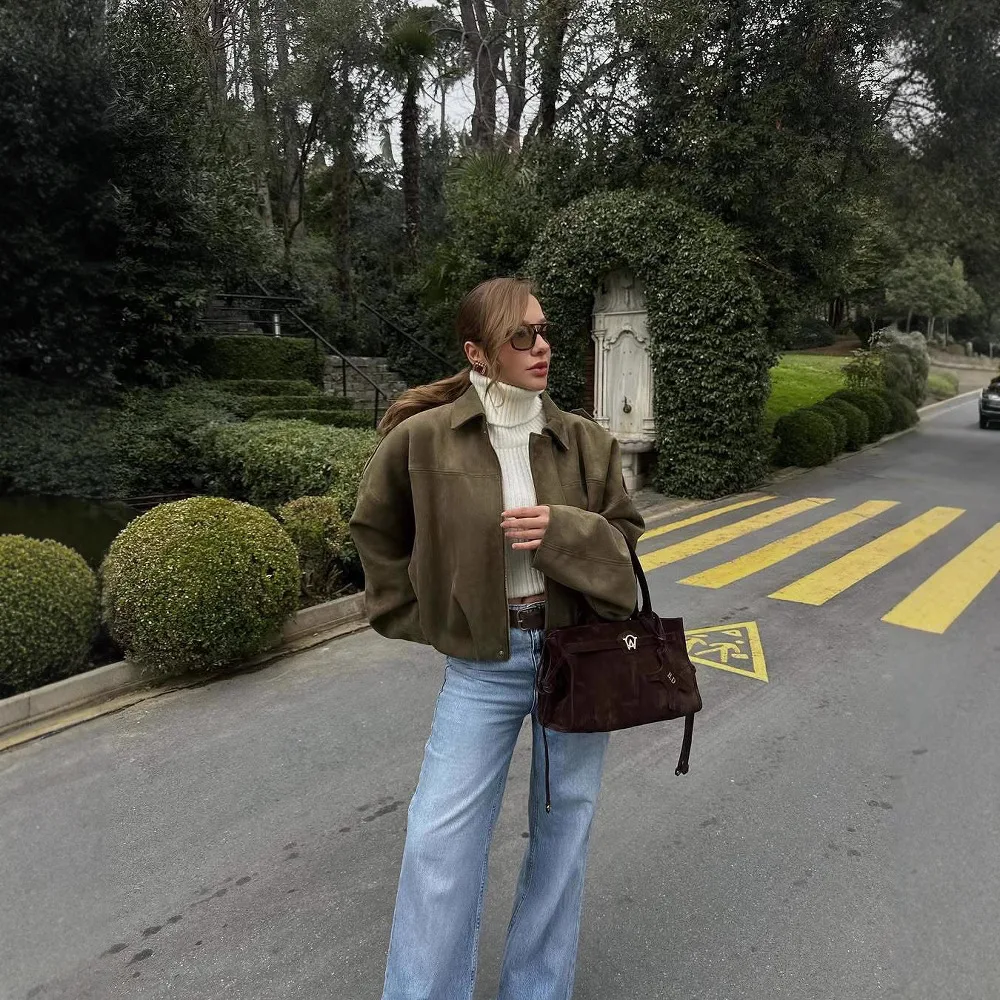 

Горячая распродажа! Зеленая замшевая куртка-бомбер - женская/мужская модная куртка-пилот, модная верхняя одежда