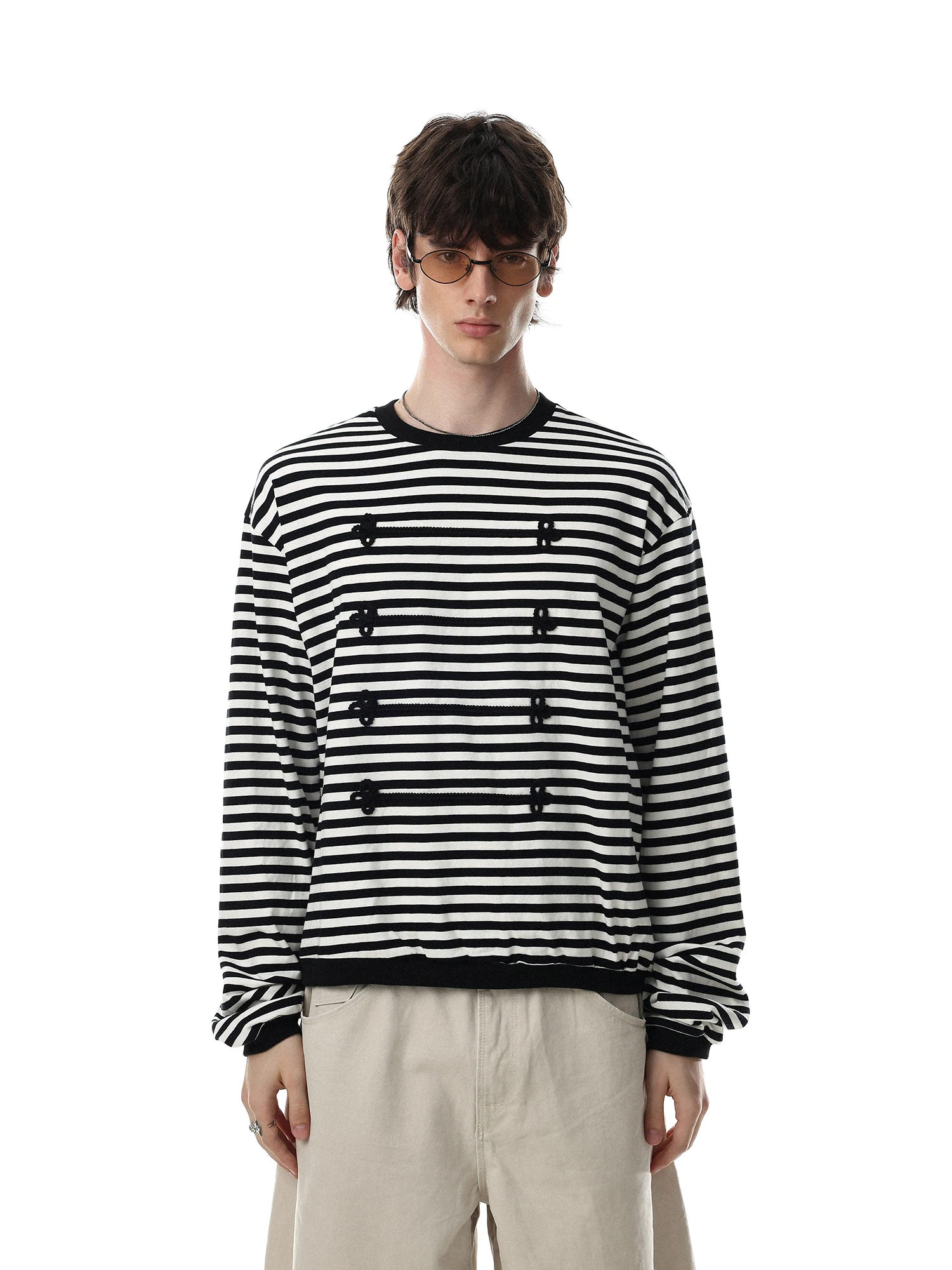 Heavy Embroidery American Court Style Striped Long Sleeve Men's Sweatshirt Vintage Couples T-Shirt Loose Fit Cotton round Neck