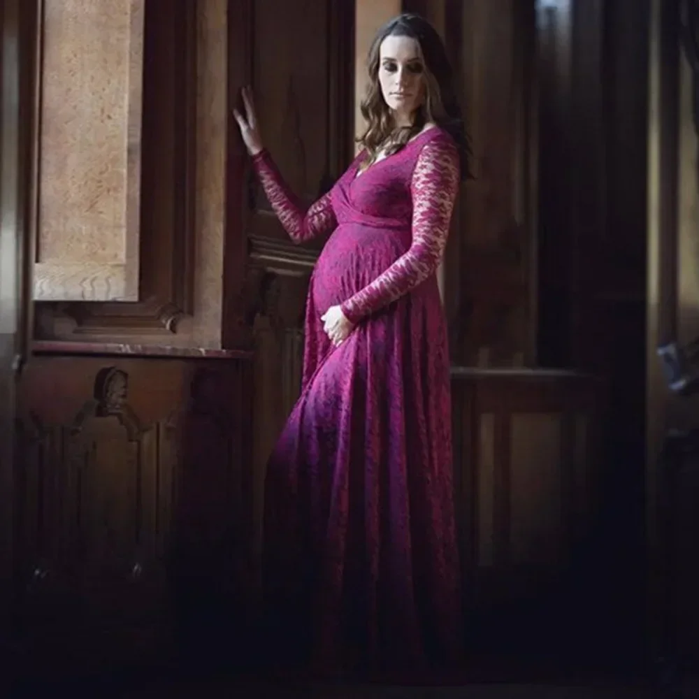 Maternity\'s Red Wine V-Neck Long Sleeve Photography Props Maxi Pregnancy Clothes Lace Dress Fancy Shooting Photo Pregnan