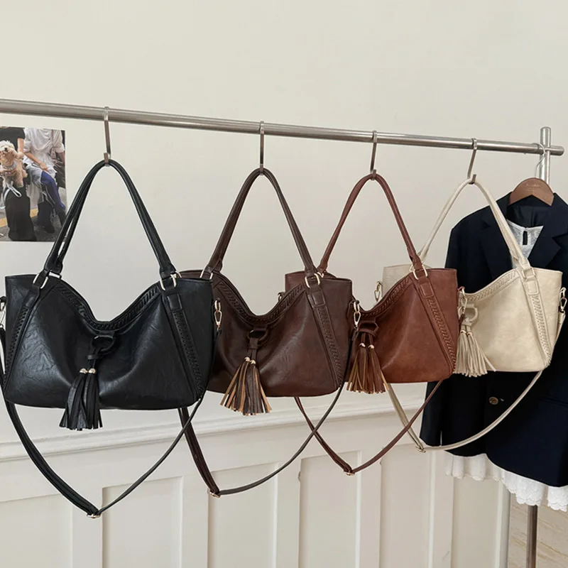 المرأة ريترو شرابة حمل حقيبة الأمريكية عادية موضة حقائب اليد سعة كبيرة الخريف الشتاء بولي Leather الجلود تخفيف حقائب كروسبودي #2