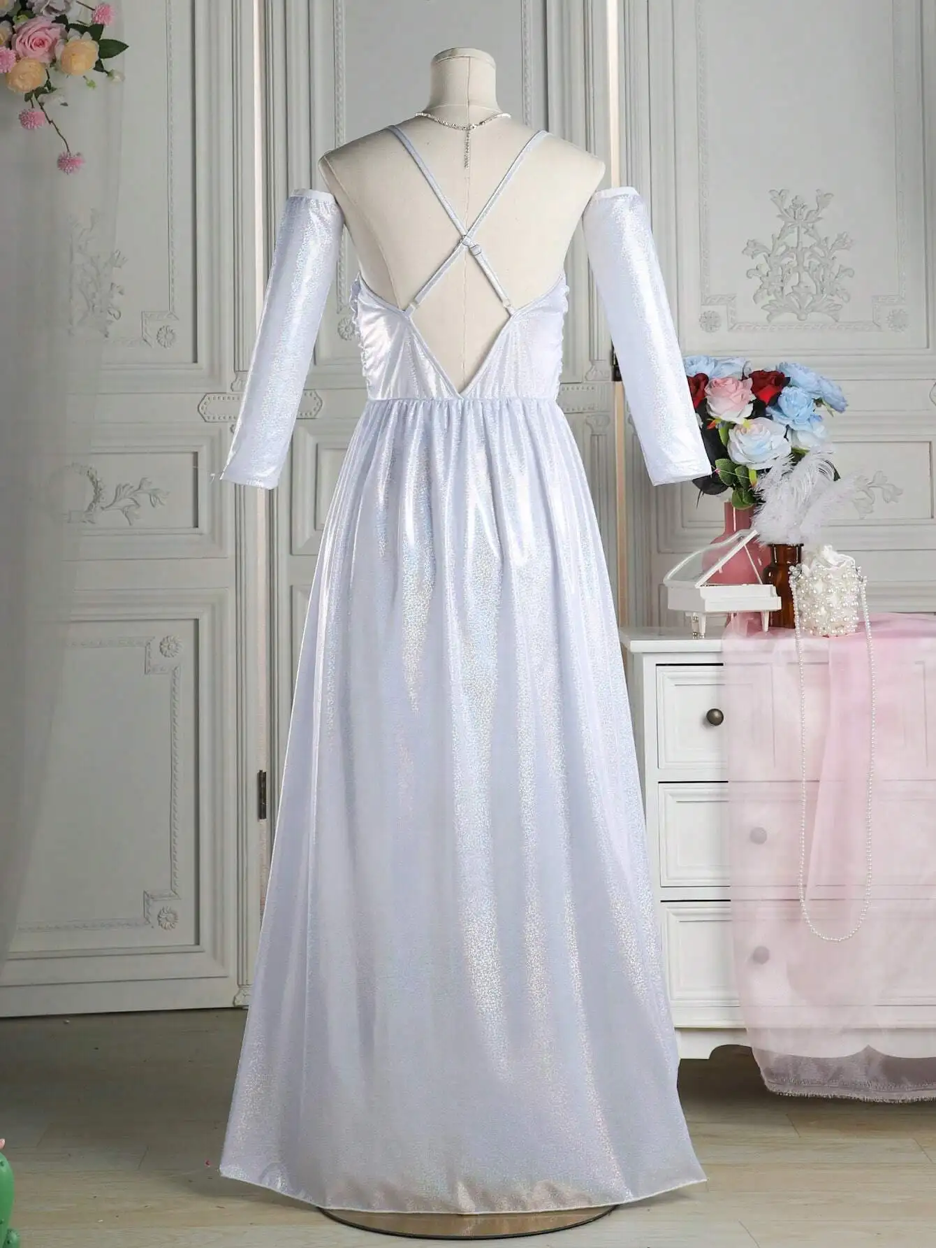 

Ruched Strap Sleeve Party Dress For Women, Formal Evening Gown With Detachable Sleeves