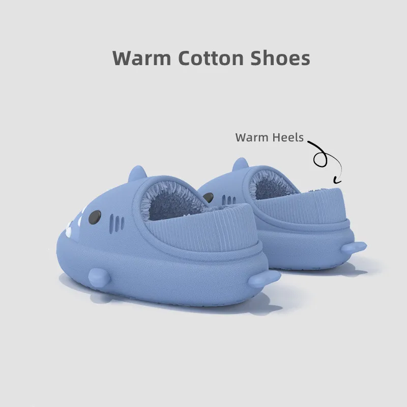 New Shark Slippers Women Men Winter Warm Plush Cartoon Shark Slides Home Furry Flats Outdoor Platform Waterproof Cotton Shoes