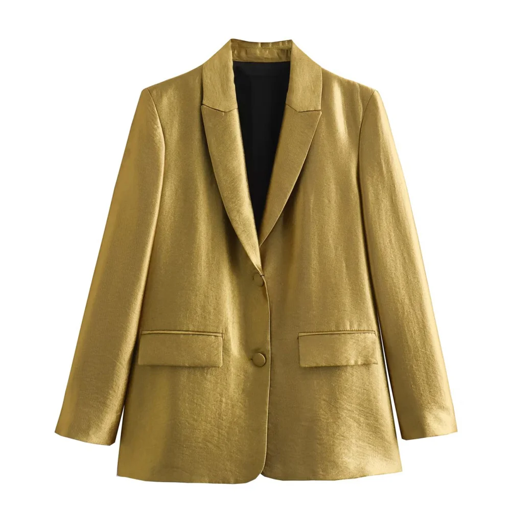 PB&ZA 2023 Autumn New Women's Suit Long Sleeve Lapel Loose Gold Straight Cut Suit Coat 8753599