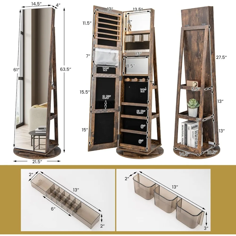 "360 Degree Rotatable Lockable Jewelry Cabinet with Full-Length Mirror and 3-Color LED Lights, Rear Storage"