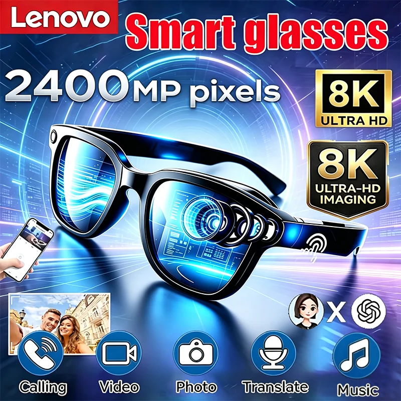 Lenovo AI 2400MP 8K HD Smart Glasses Video Translation Hands Free Call AI Chat Recording Music Player Smart Sunglasses for Men