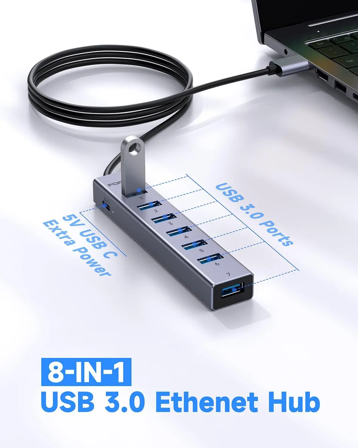 FORIDA 8 Port Aluminum USB Hub,7 USB3.0 Splitter with 5V/3A Type-C Power Port,120CM Cable Multiport Expander for Laptop PC PS5